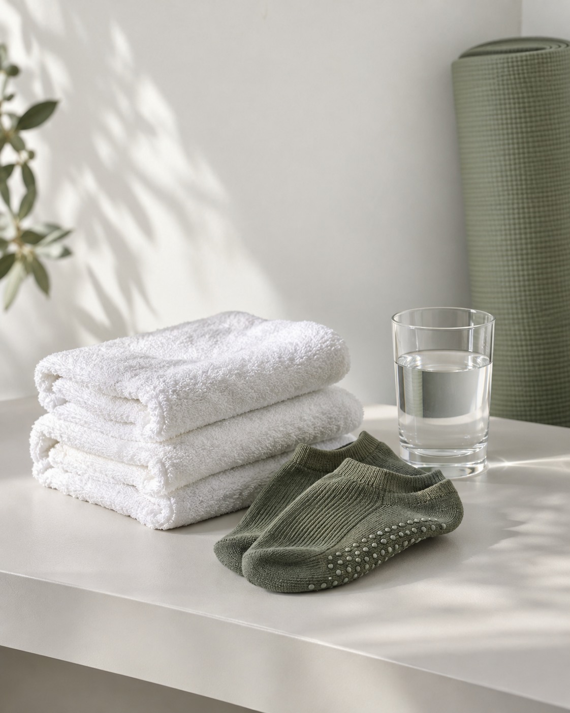 White towels, olive grip socks and a glass of water