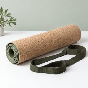 Rolled cork yoga mat with sage backing and an olive carrying strap