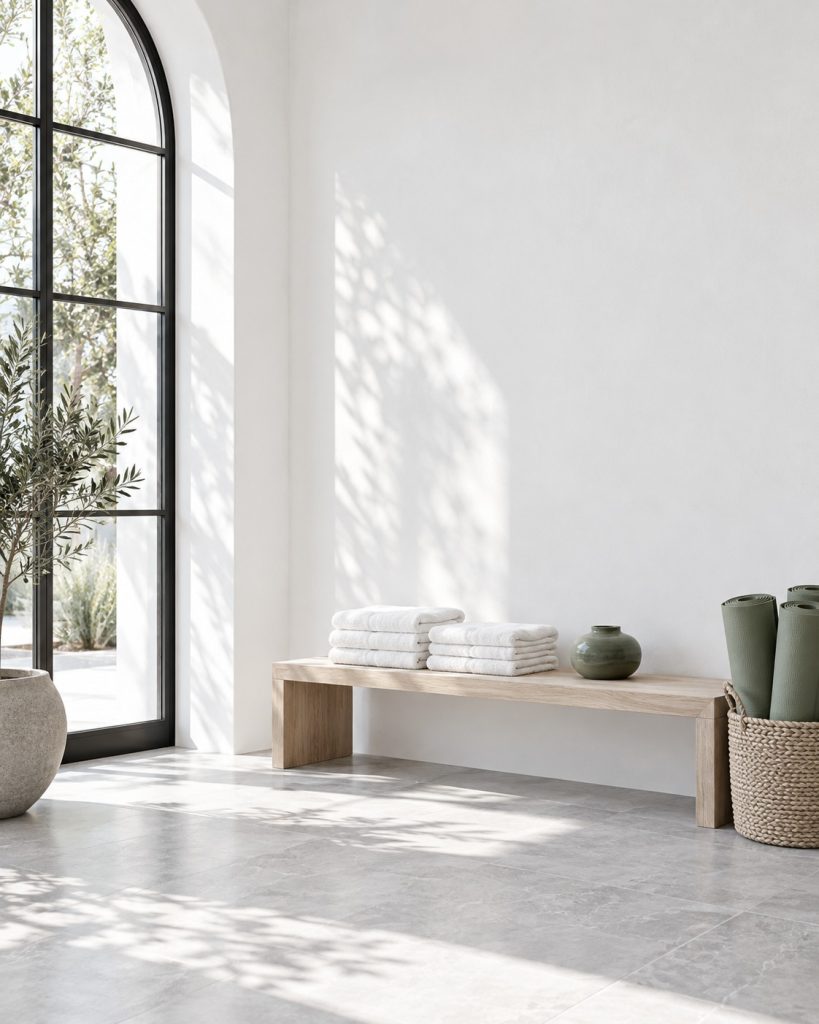 Airy studio welcome area with towels and an arched window