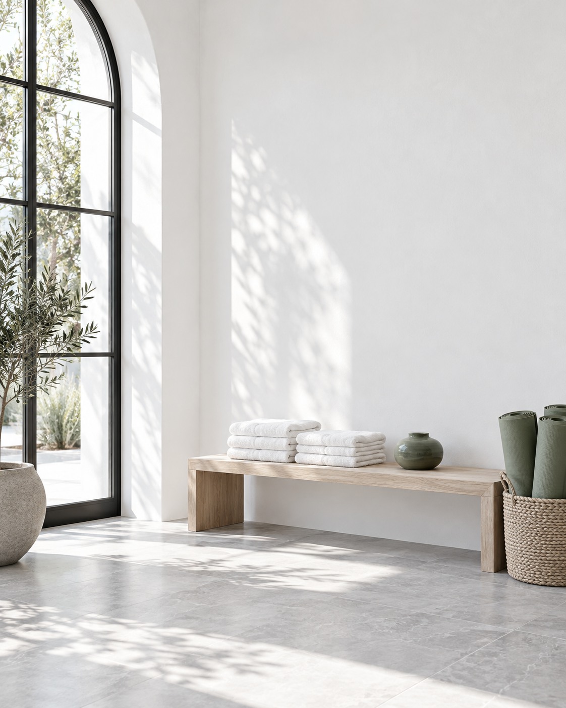 Airy studio welcome area with towels and an arched window