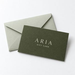 Olive ARIA gift card with a sage envelope