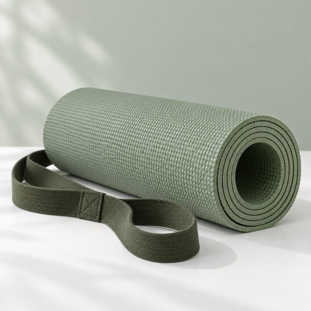 Rolled sage Pilates mat and olive carrying strap