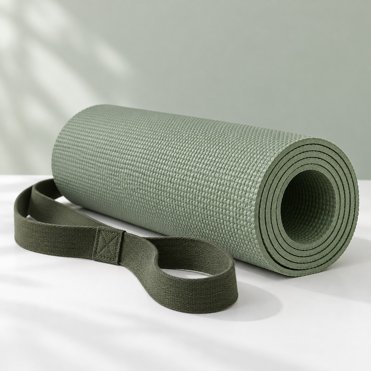 Rolled sage Pilates mat and olive carrying strap