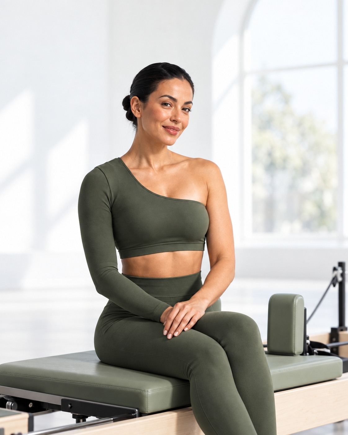 Aria Lane, seated in the bright Pilates studio