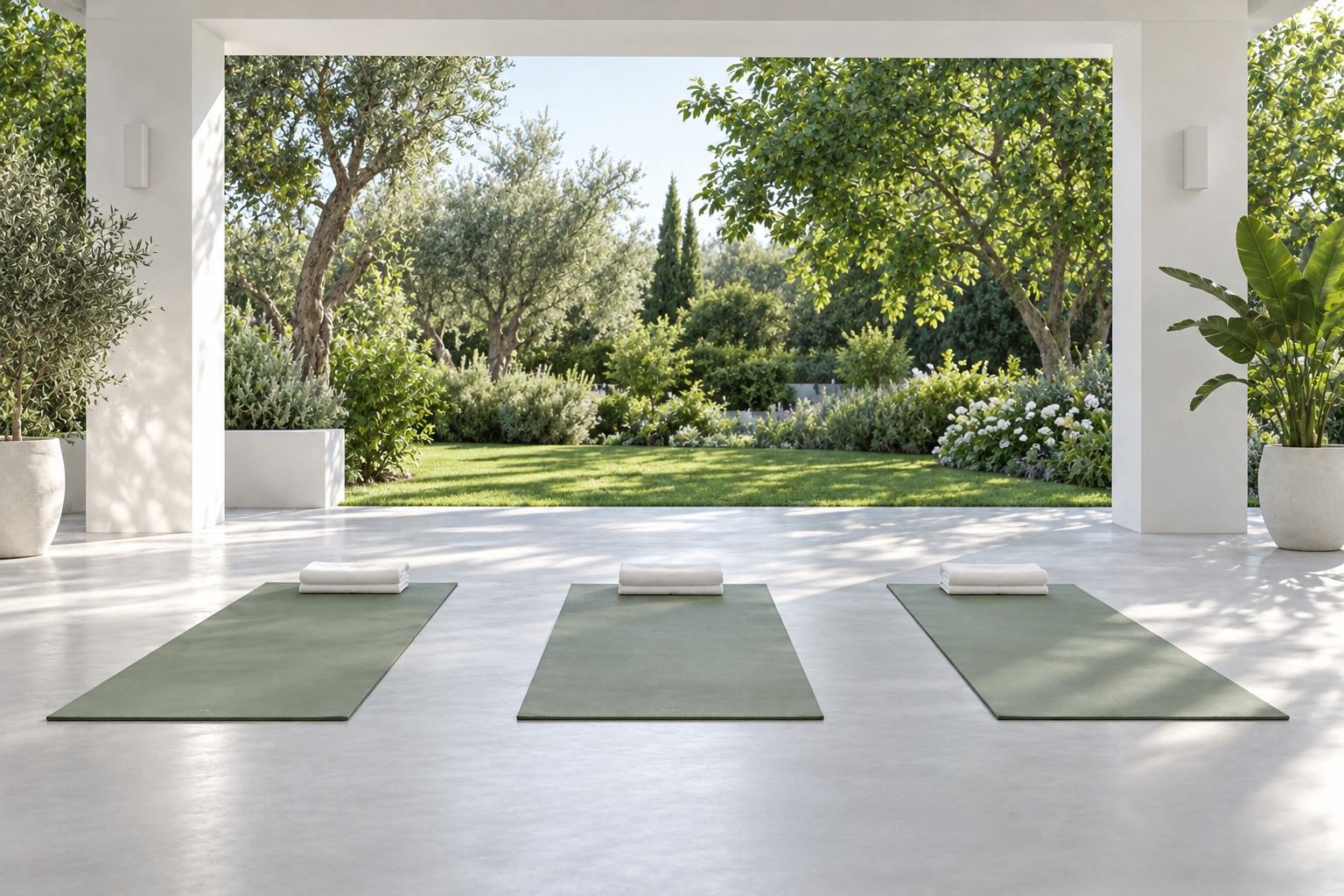 Sage Pilates mats in a bright garden retreat pavilion