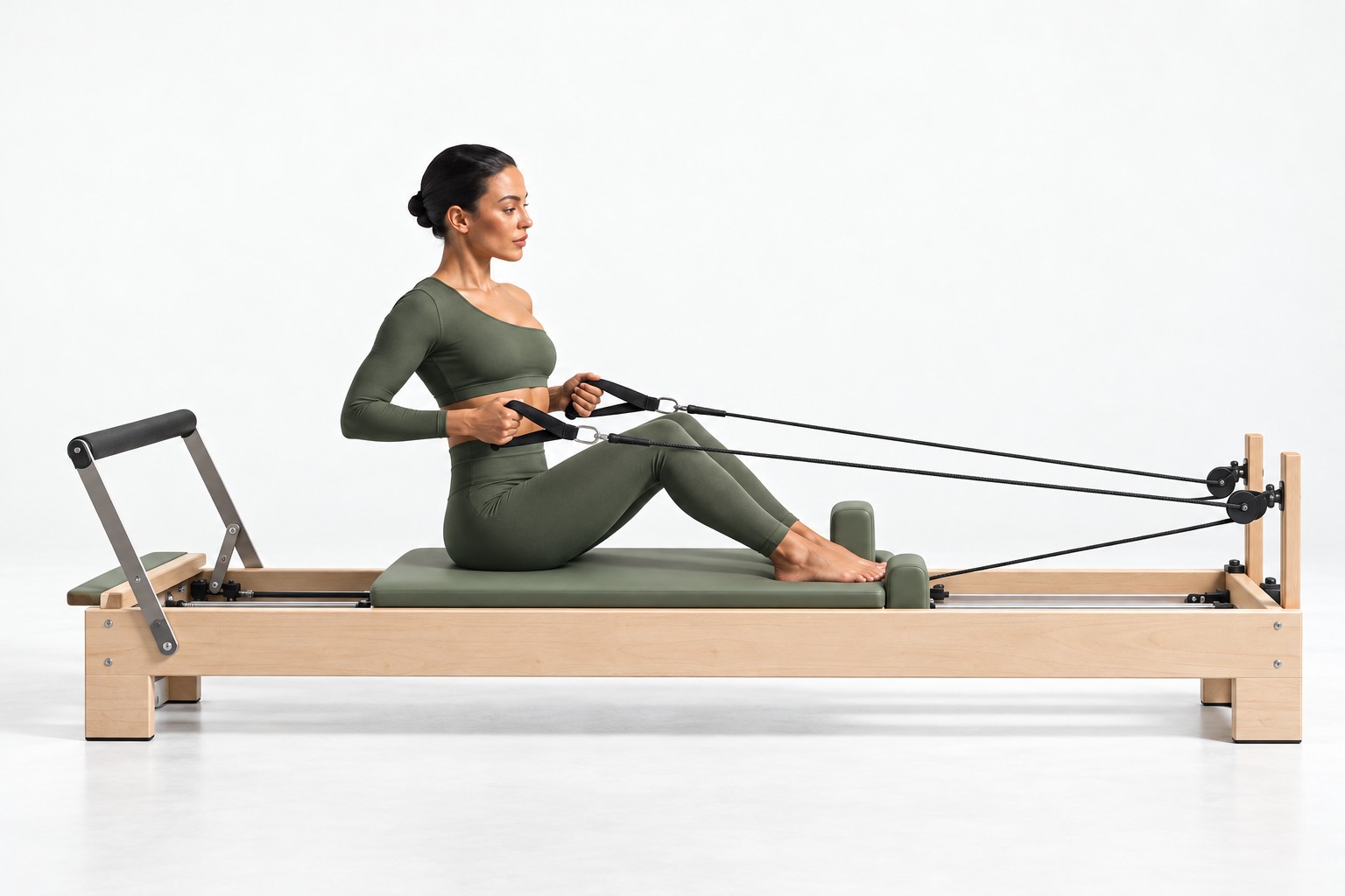 Seated rowing exercise on a Pilates reformer
