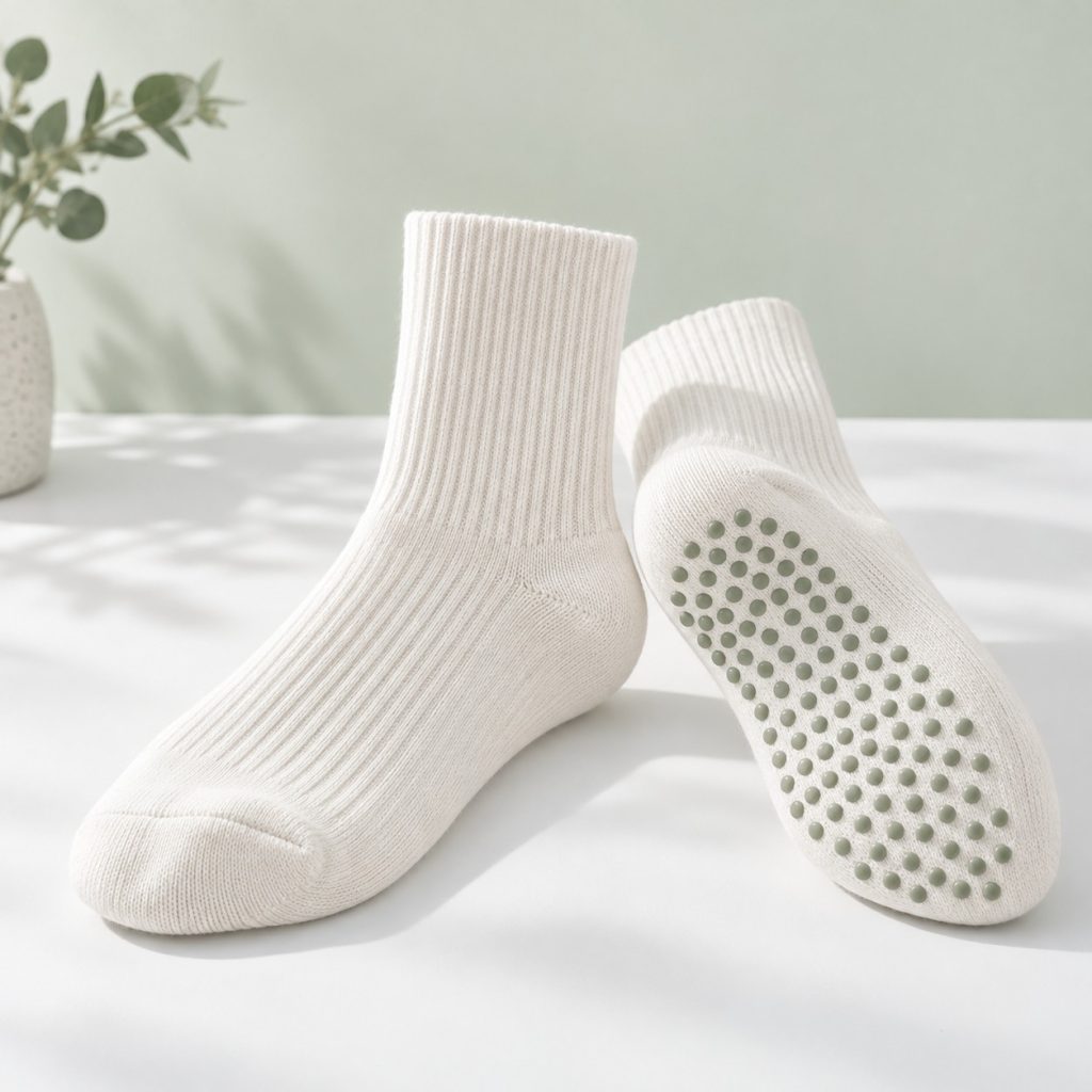 Ivory Pilates grip socks with sage grip dots
